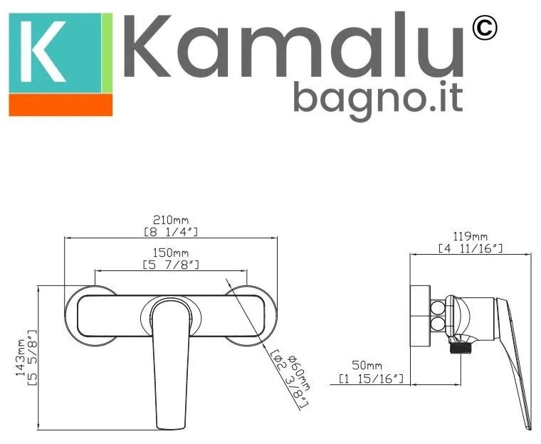 Kamalu - miscelatore doccia installazione a muro in ottone finitura gun metal | kam-l gun metal