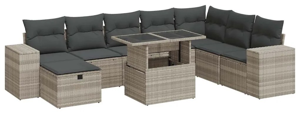 Set divano da giardino 9pz con cuscini grigio chiaro polyrattan