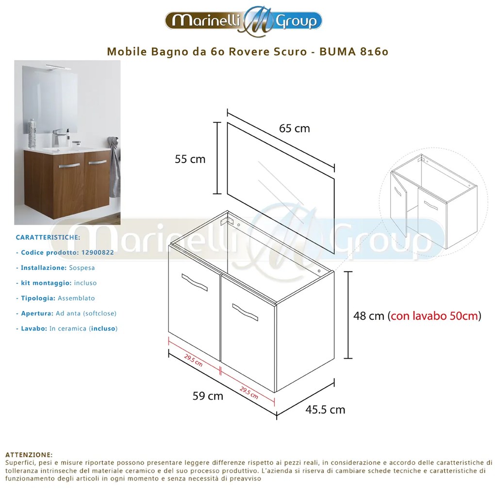 Mobile bagno BUMA60 Rovere scuro 8160 con lavabo e specchio