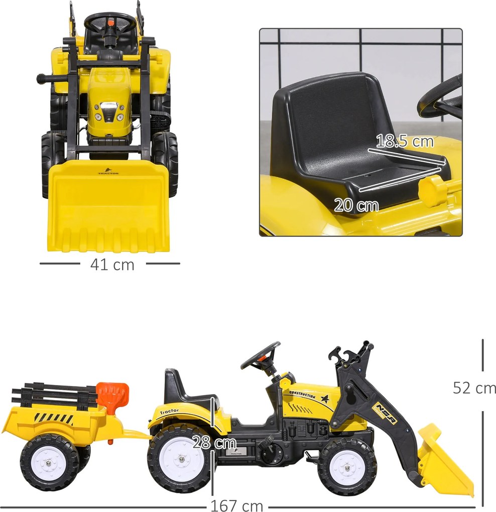 Escavatore A Pedali per Bambini con Ruspa e Rimorchio Giallo...