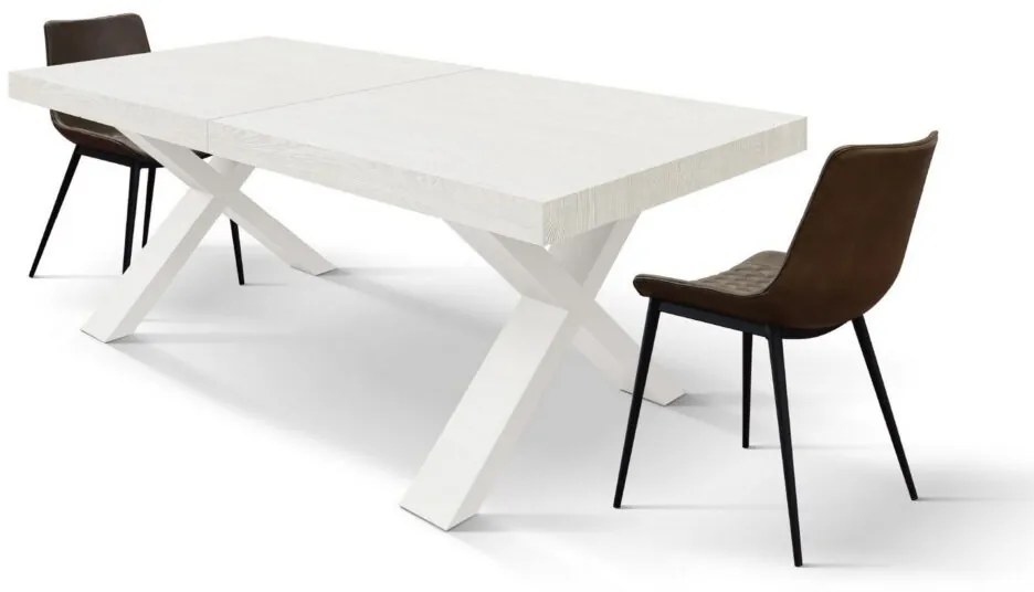 Tavolo allungabile AMALFI in legno bianco frassinato e gambe a X bianche, allungabile 180×90 cm – 260×90 cm