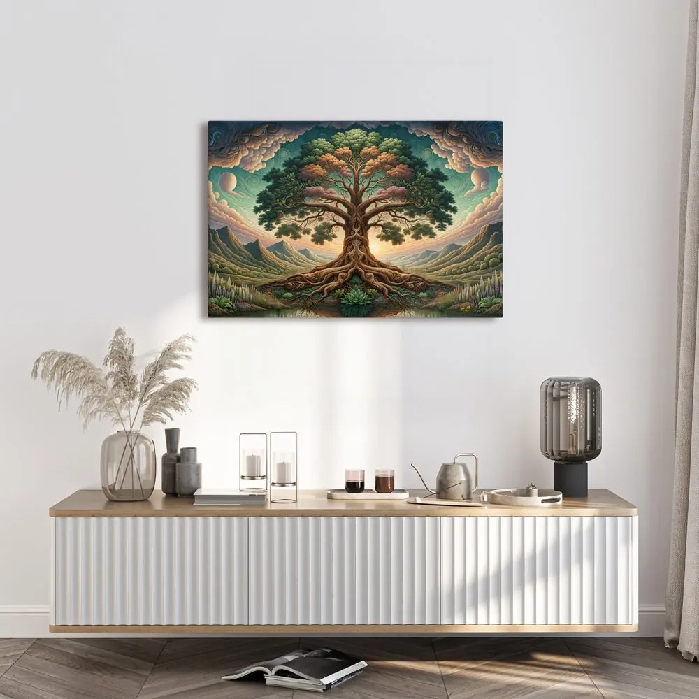 Quadro su tela – Maestoso albero della vita tra le montagne
