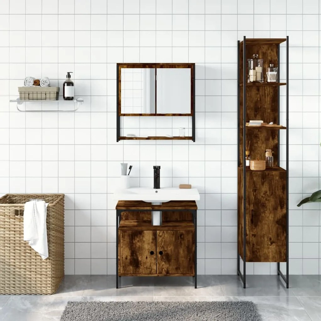 Set mobili da bagno 3 pz rovere fumo in legno multistrato