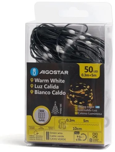 Aigostar - Catena LED natalizia da esterno 50xLED/8 funzioni 3xAA 5,3m IP44 bianco caldo