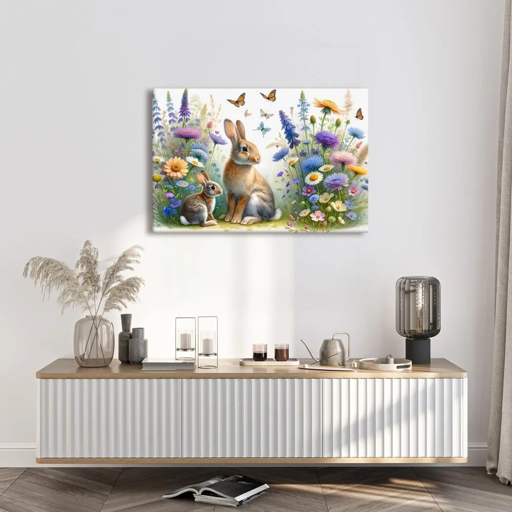Quadro su tela – Coniglietti su prato fiorito di primavera