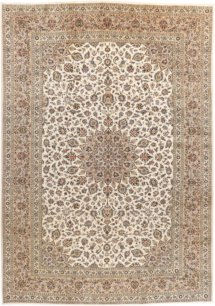 Kashan Tappeto 430x310 Beige (Iran) Annodato A Mano