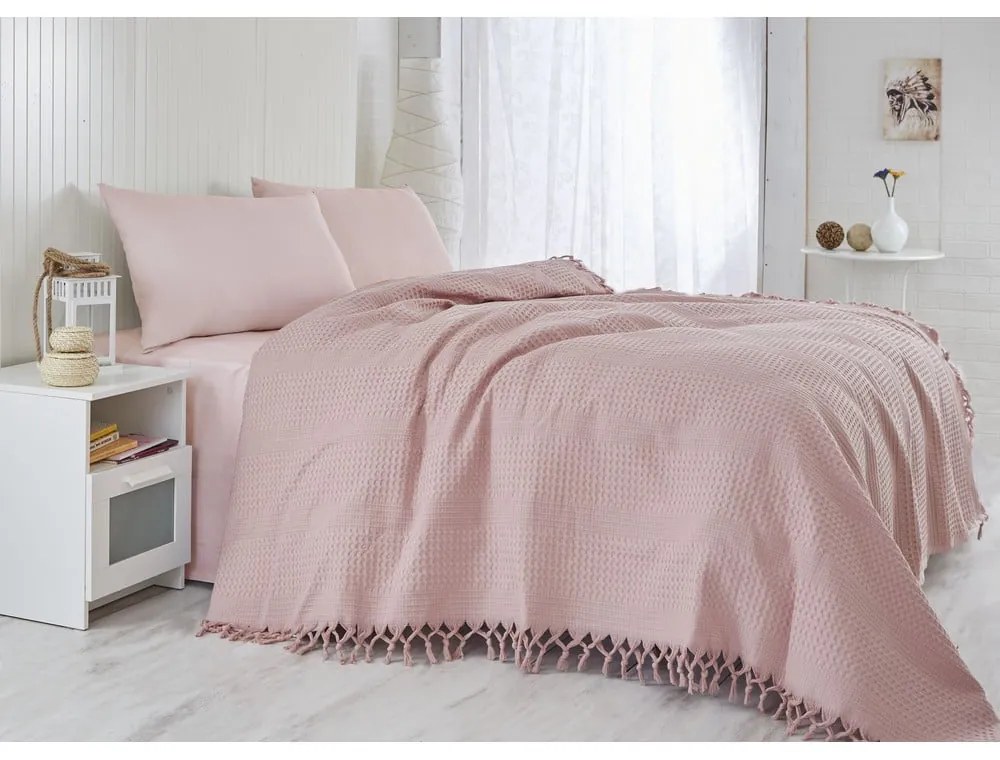 Copriletto in cotone rosa per letto matrimoniale 220x240 cm Pique - Mijolnir