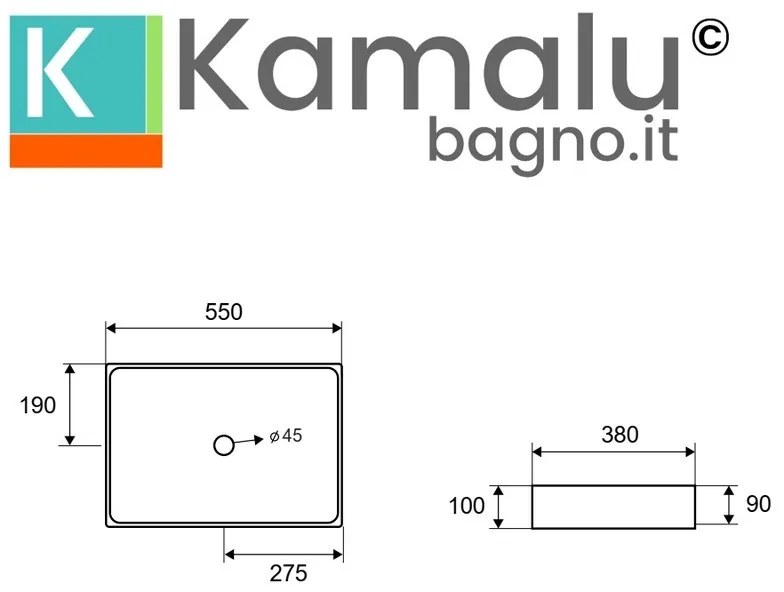 Kamalu - Lavabo appoggio rettangolare in acciaio finitura oro rosa | KSA-550GR