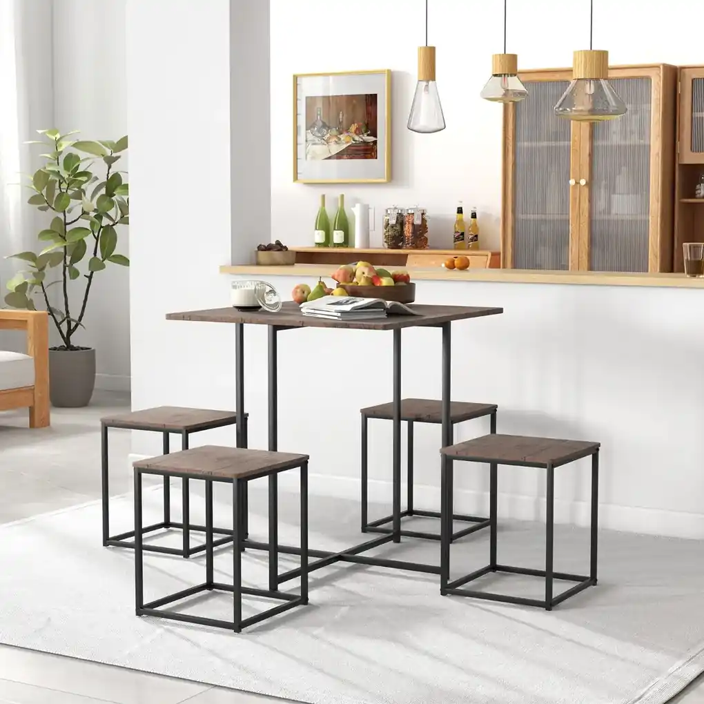Costway Set di tavoli da cucina industriali con 4 sgabelli, Set di tavoli  da bar quadrati salvaspazio Grigio