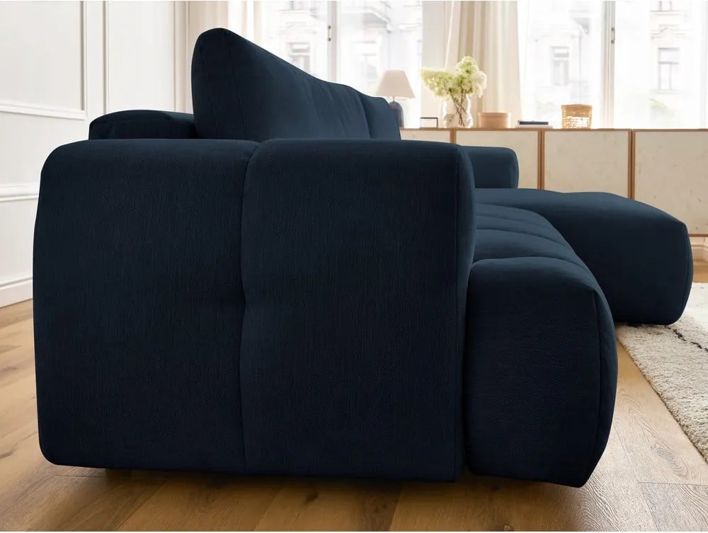 Divano angolare blu scuro allungabile e con contenitore (penisola a destra/chaise lounge) con rivestimento in ciniglia Fuji – Bobochic Paris