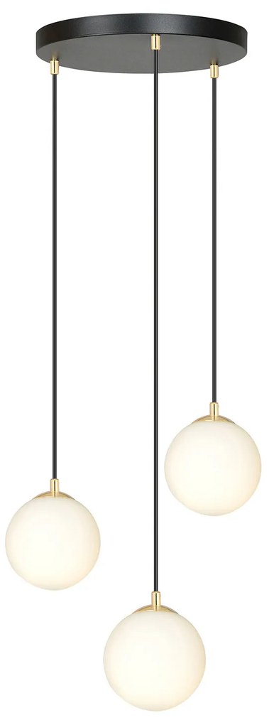 Sospensione Contemporanea Nuada 3 Luci In Acciaio Nero/Oro Sfere Vetro Bianco