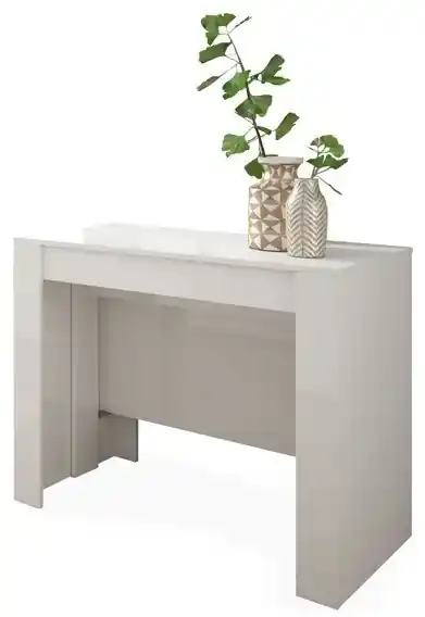 Tavolo consolle allungabile in legno, finitura bianco frassinato, apertura  con binario