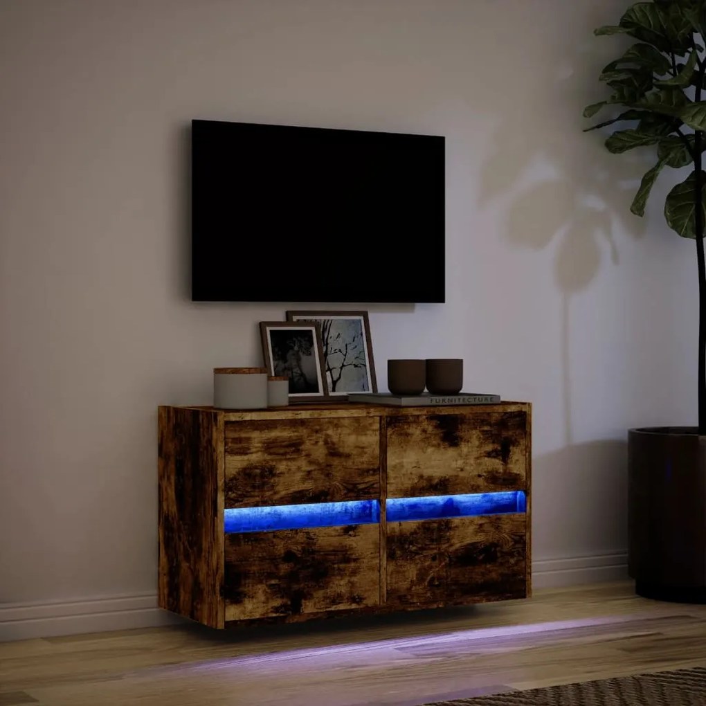 Mobile tv a parete con luci led rovere fumo 80x31x45 cm