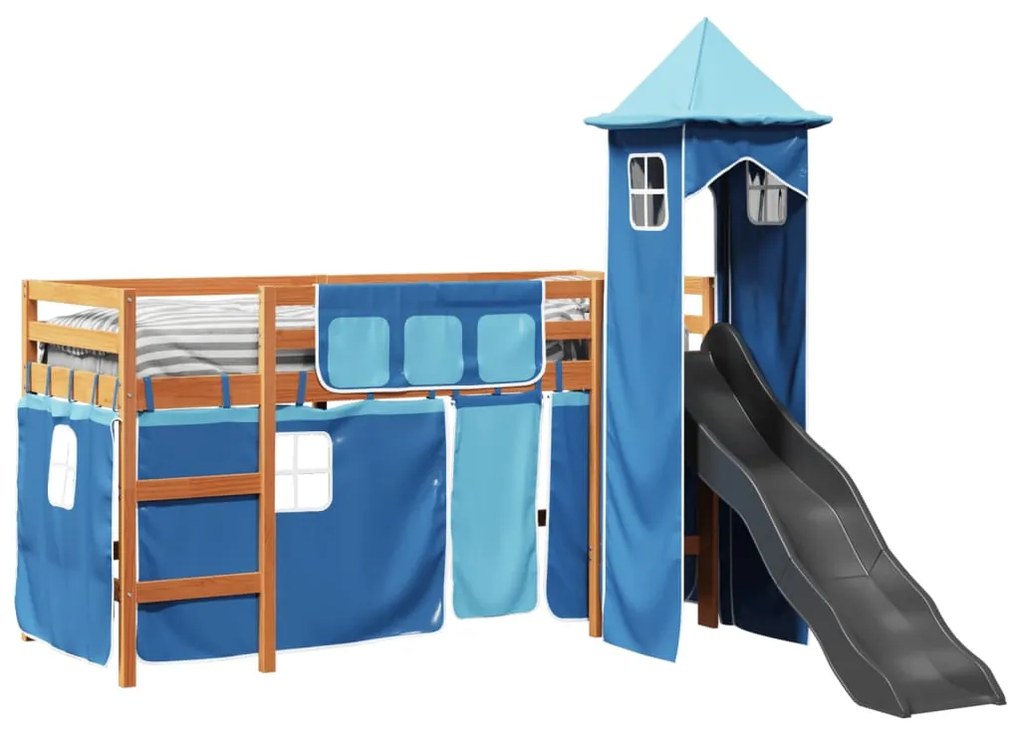 Letto a soppalco con torre bambini blu 90x190cm massello pino