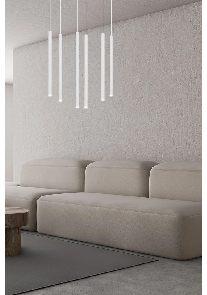 Lampadario 6 Luci Moderno Shu Acciaio Bianco E Paralumi A Cilindri Sottili