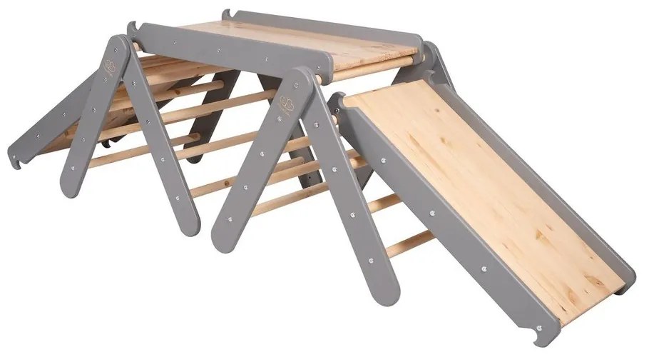 Pikler triangolo montessori grigio/di colore naturale in pino massiccio 265x61x60 cm Montessori – Meowbaby