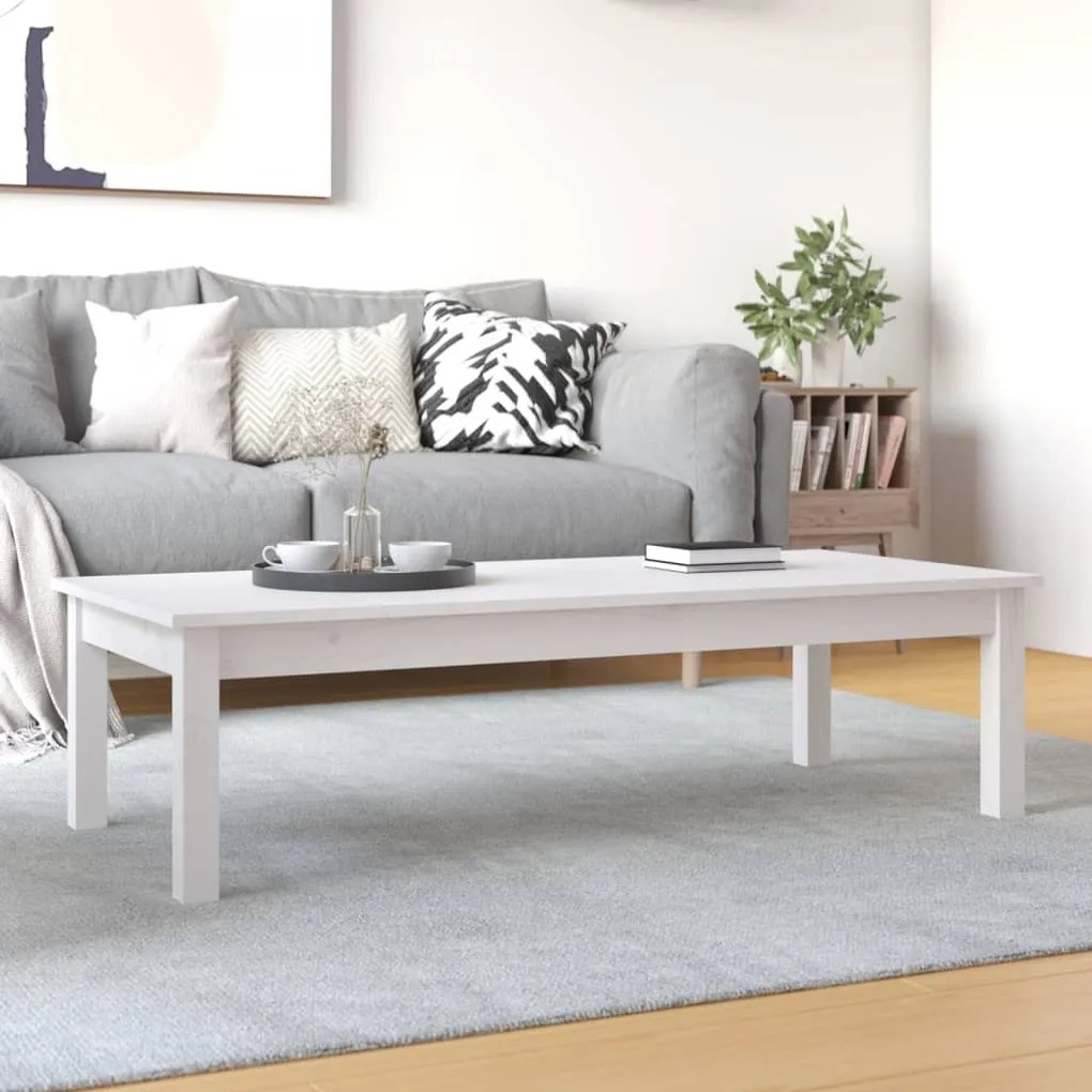 Tavolino Da Salotto Bianco 110x50x30 Cm Legno Massello Di Pino /