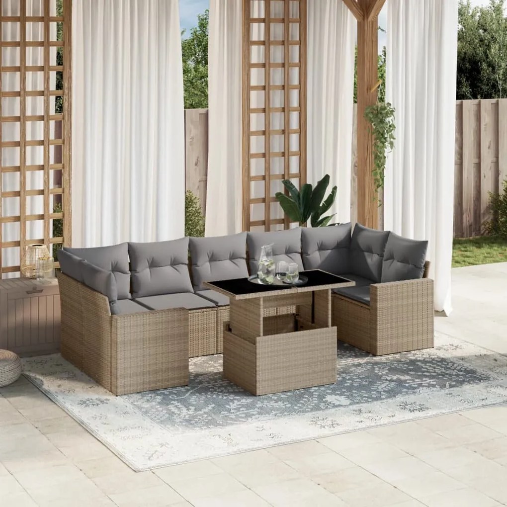 Set divano da giardino 8 pz con cuscini beige in polyrattan