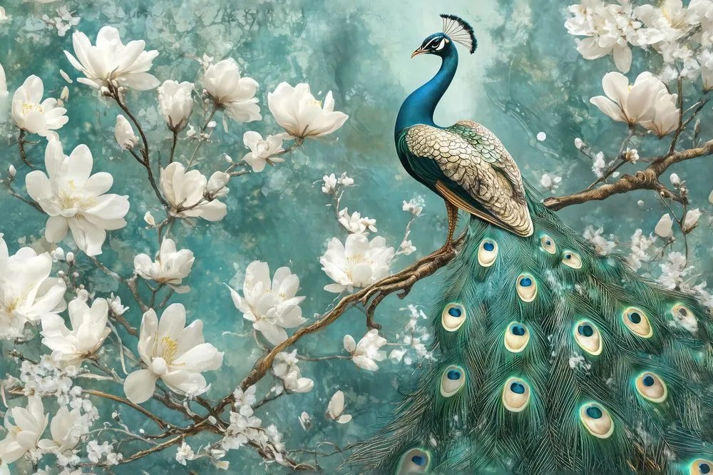 Quadro su tela – Pavone circondato da fiori bianchi