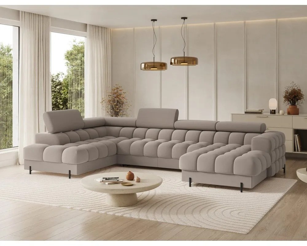 Divano angolare marrone chiaro allungabile (con penisola a sinistra/a U) con rivestimento in velluto Feraria – ELTAP