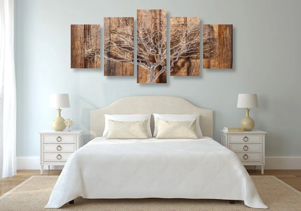Quadri 5 pezzi – Albero con imitazione di sfondo in legno