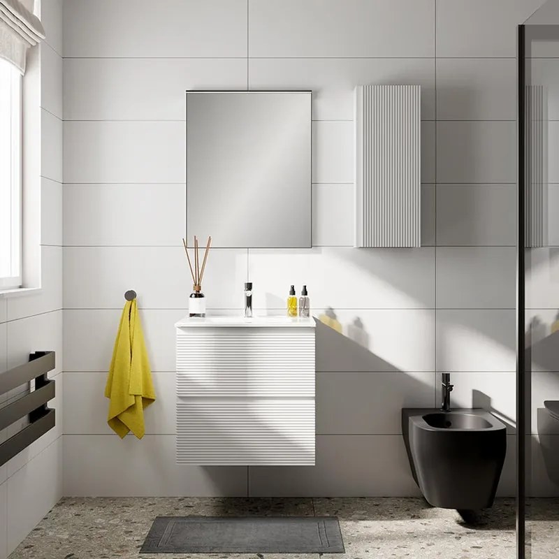 Pensile bagno Step L30 x H75 x P14cm, con 1 anta reversibile, bianco opaco cannettato, con chiusura ammortizzata