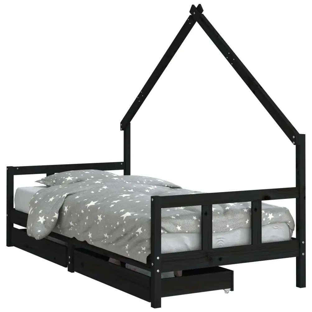 Giroletto bambini con cassetti nero 90x200cm massello di pino