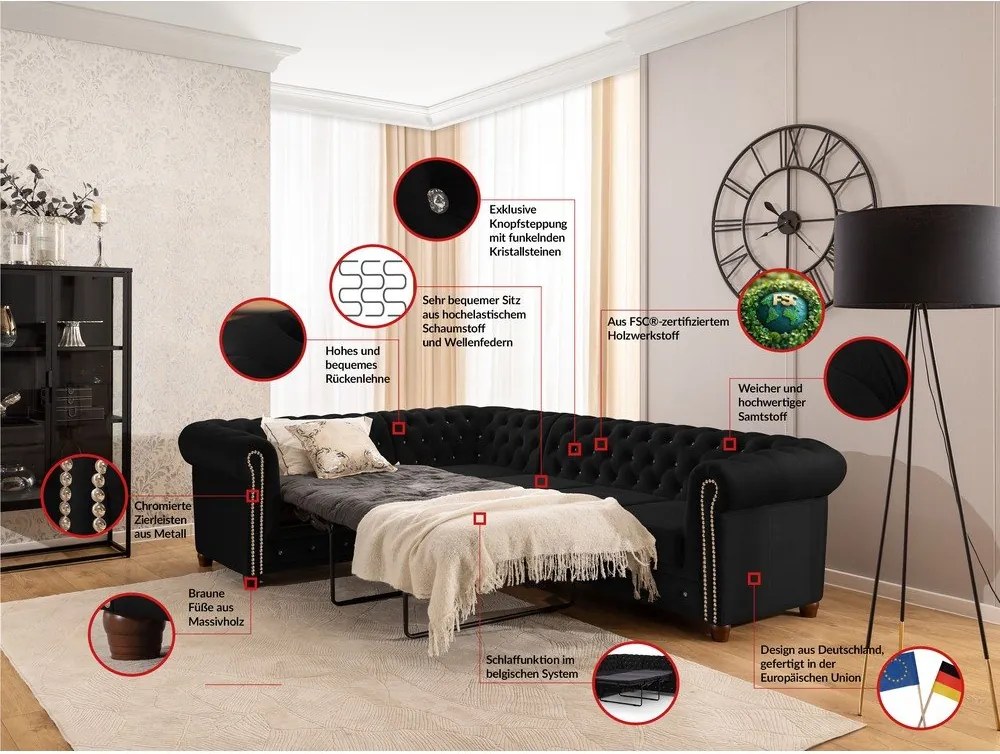 Divano angolare nero allungabile (con penisola a sinistra/a L) con rivestimento in velluto York Blik – Ropez