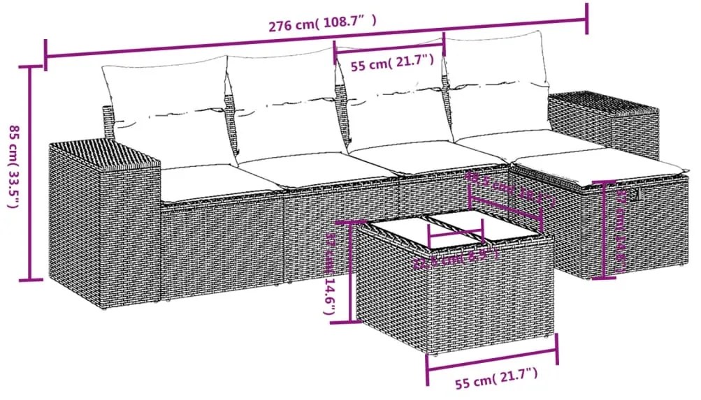 Set divano da giardino 6pz con cuscini grigio chiaro polyrattan