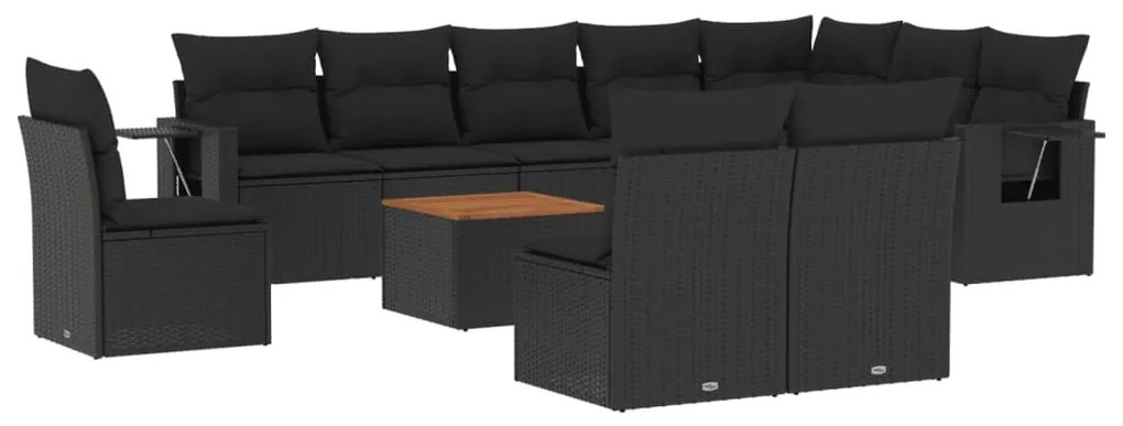 Set divani da giardino 11 pz con cuscini in polyrattan nero