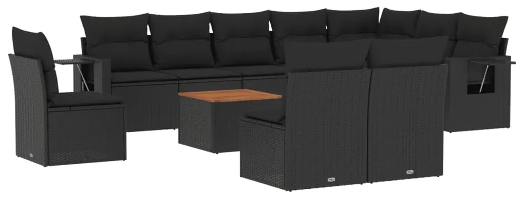 Set divani da giardino 11 pz con cuscini in polyrattan nero