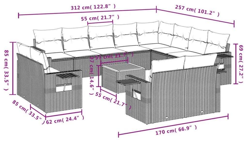 Set divani da giardino 13 pz con cuscini grigio in polyrattan