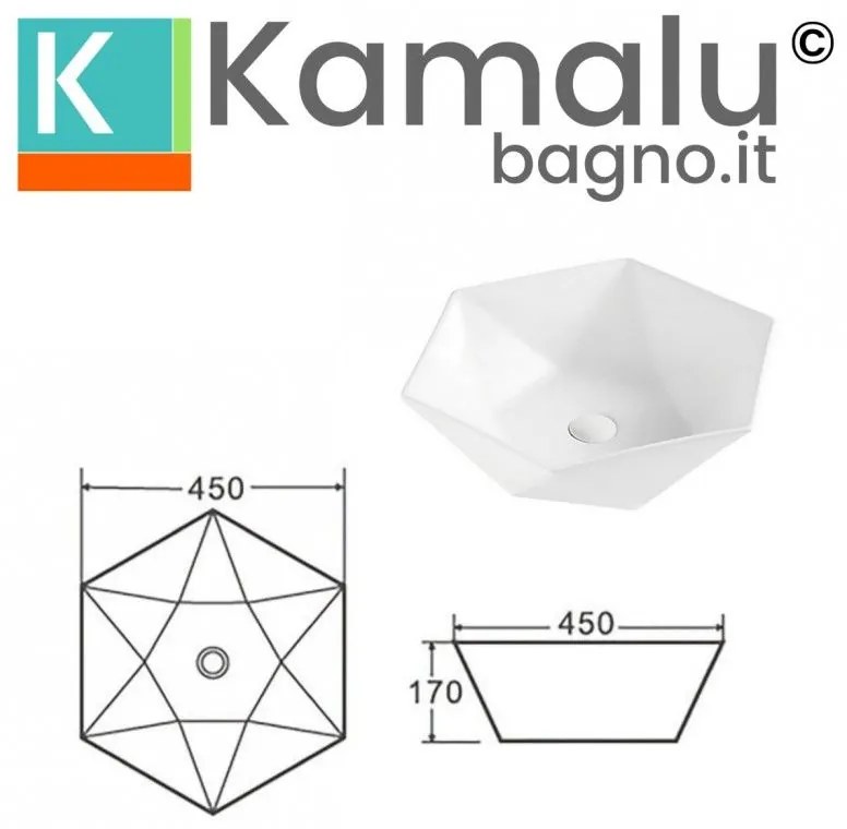 Kamalu - lavabo da appoggio 45cm forma esagonale modello litos-k45