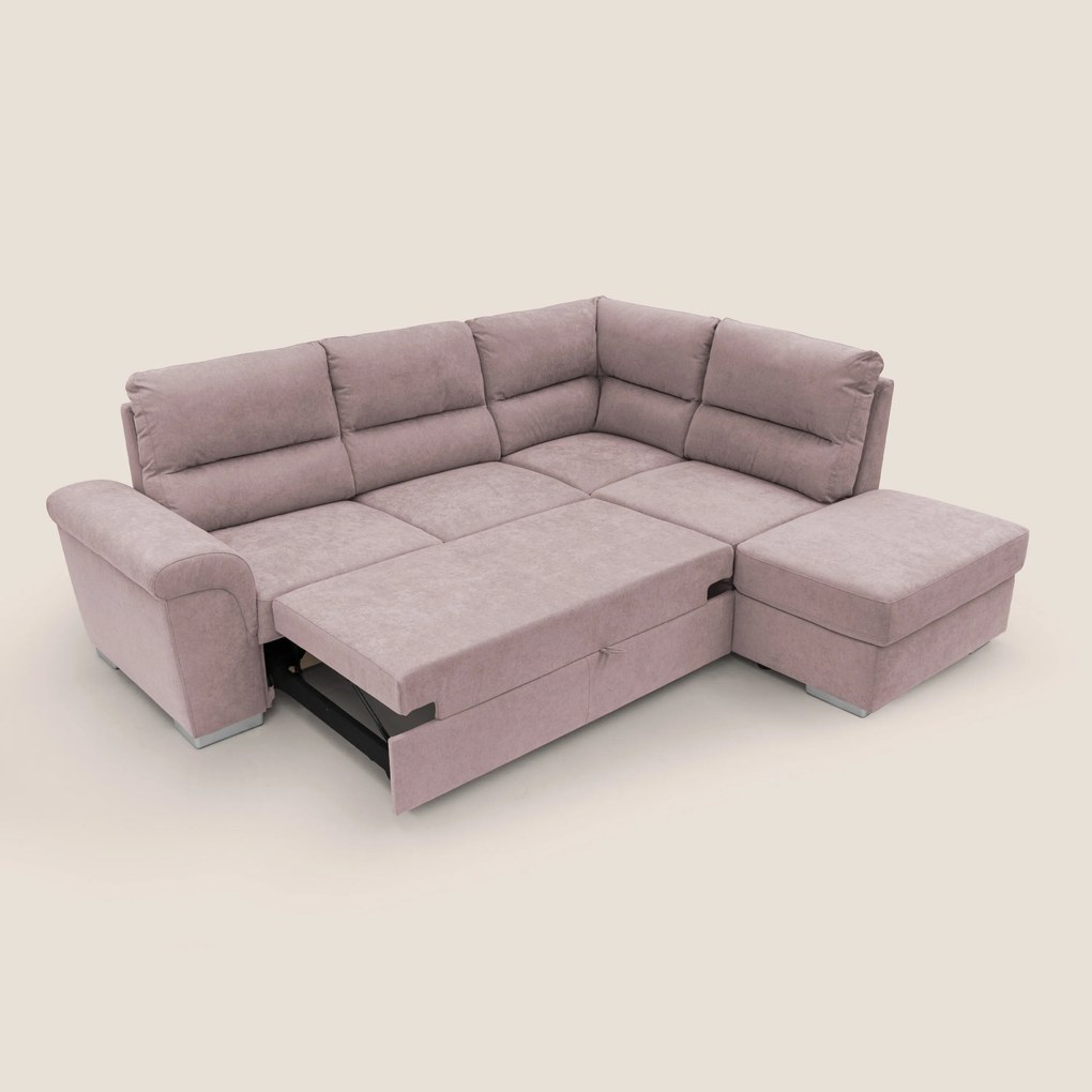 Minerva divano angolare con estraibile a cassettone e pouf contenitore in tessuto morbido impermeabile T02 rosa