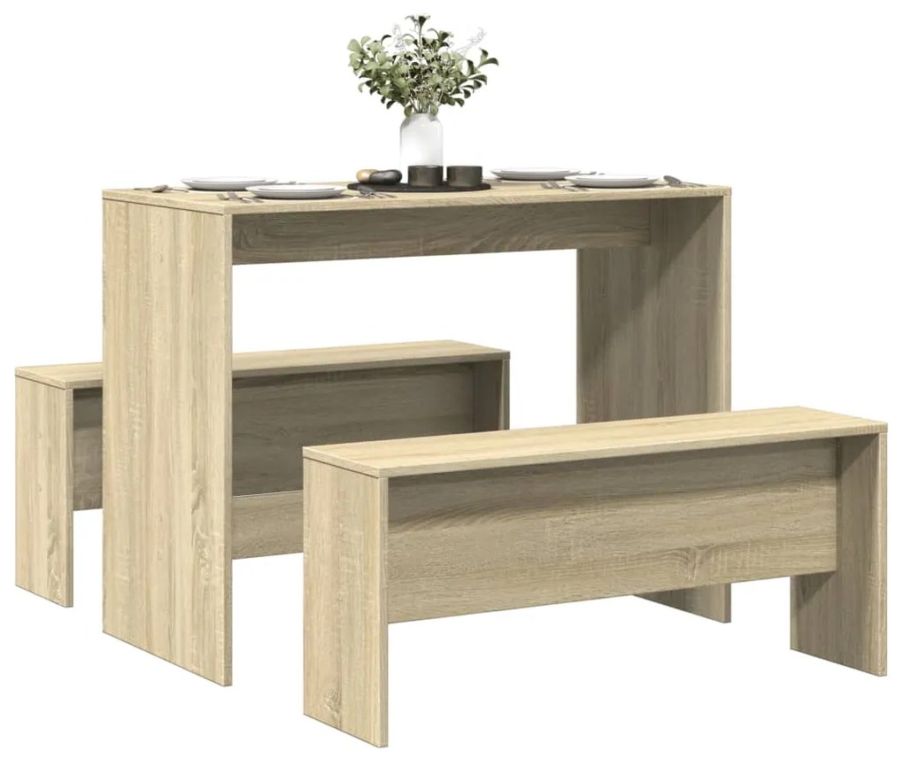 Set Tavolo Da Pranzo E Panche 3 Pz Rovere Sonoma İn Truciolato /