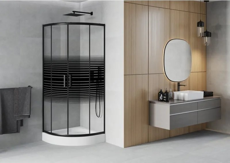 Mexen Rio cabina doccia semicircolare 70 x 70 cm, fasce nere, nera + piatto doccia, bianco - 863-070-070-70-20-4710