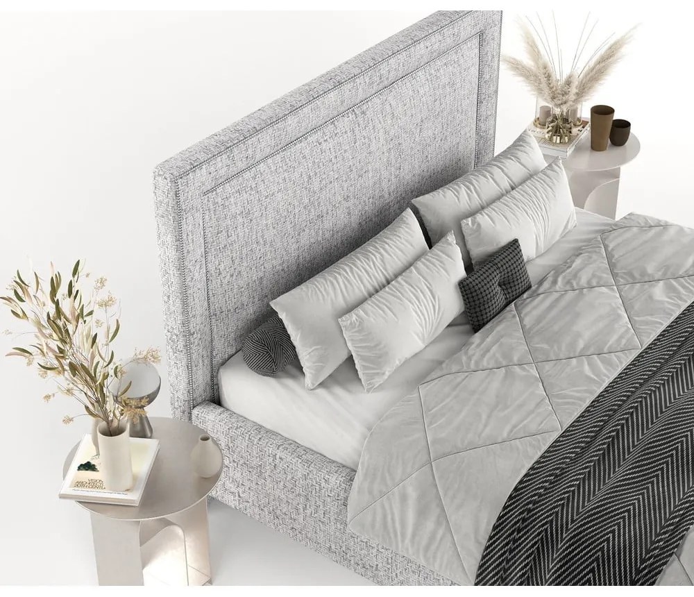 Letto matrimoniale imbottito grigio chiaro con spazio contenitivo e rete 160x200 cm Baleine - Maison de Rêve