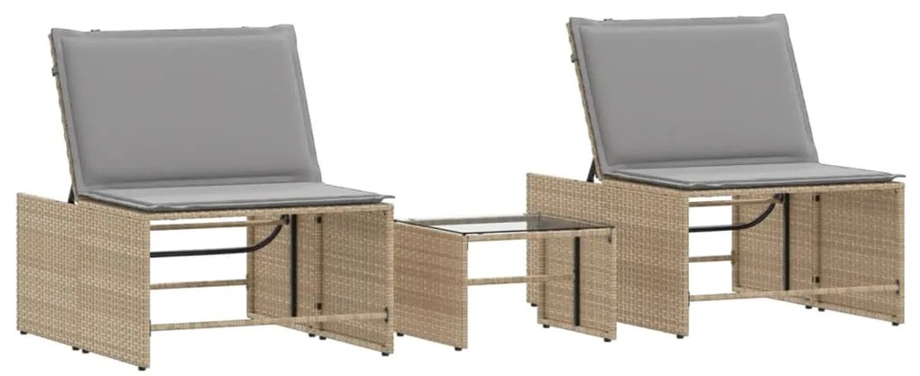 Lettini prendisole 2 pz con tavolino beige in polyrattan