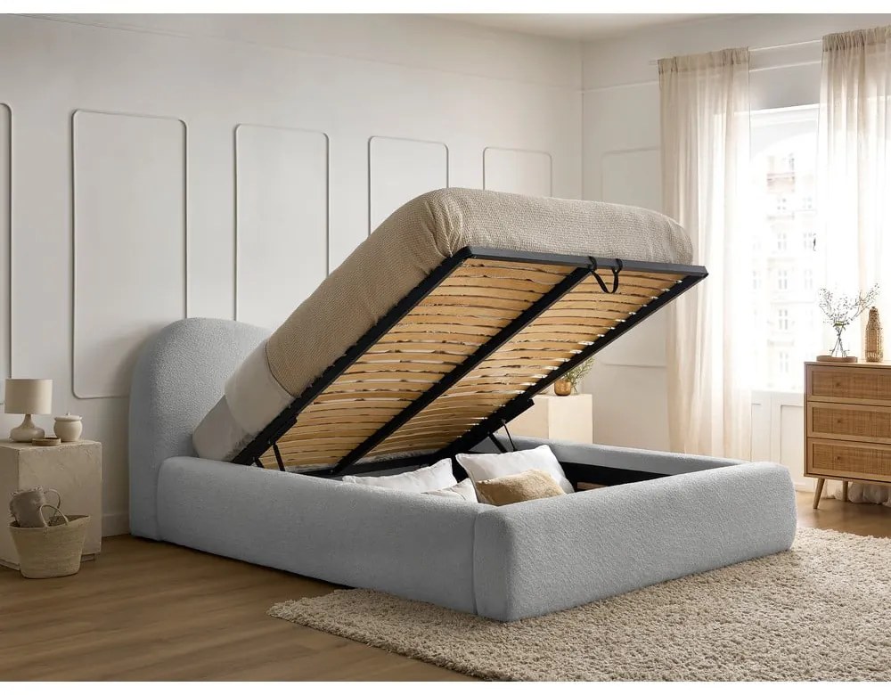Letto matrimoniale imbottito grigio chiaro con contenitore con rete inclusa 180x200 cm Orlane – Bobochic Paris