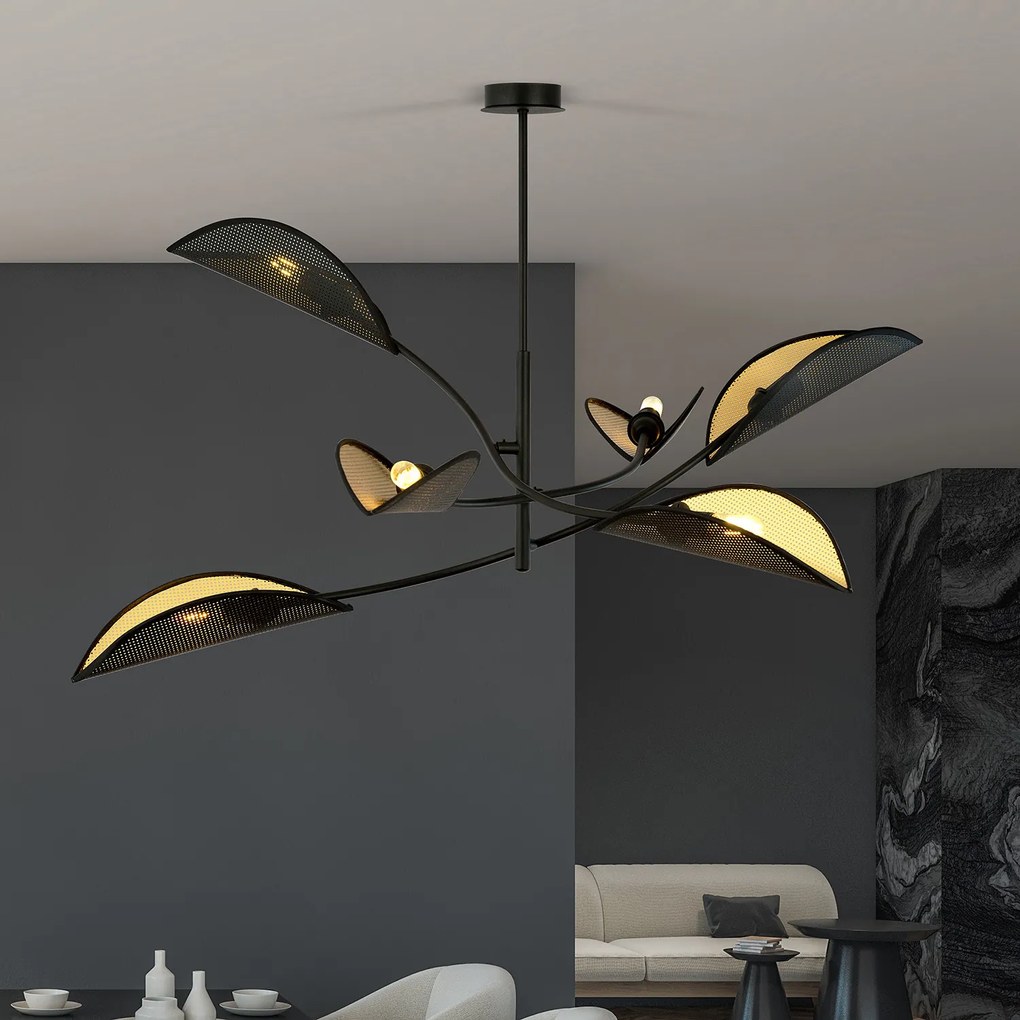 Sospensione Nordica 6 Luci Ares In Acciaio Nero Oro Bracci Regolabili