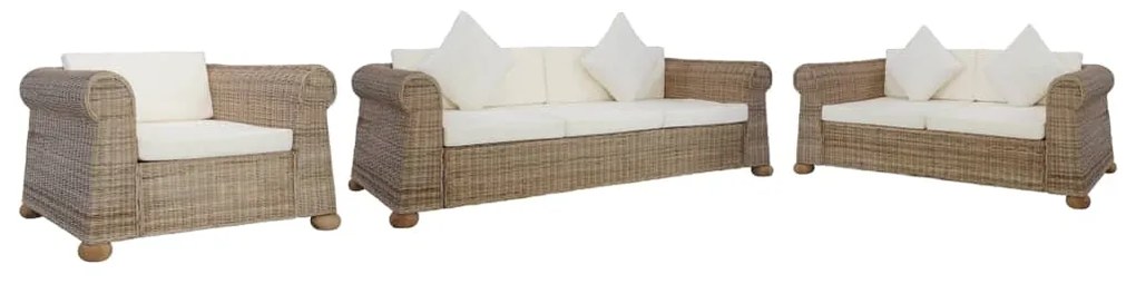 Set di divani 3 pz con cuscini in rattan naturale