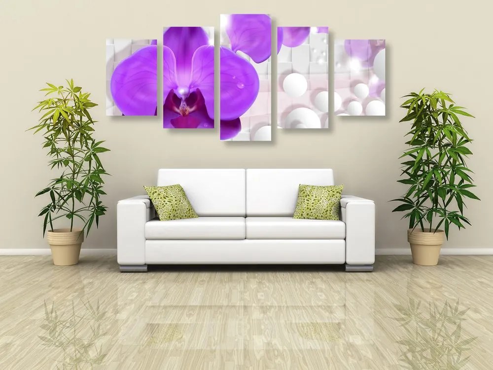 Quadri 5 pezzi – Orchidea su sfondo astratto