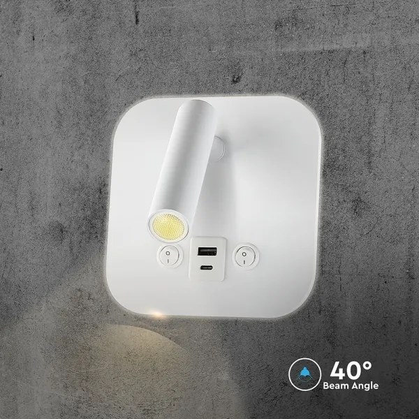 Spot da parete LED con porta USB, 8W, 230V, 3000K, bianco