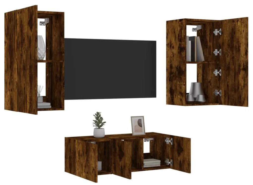 Mobili tv a muro con led 4pz rovere fumo in legno multistrato