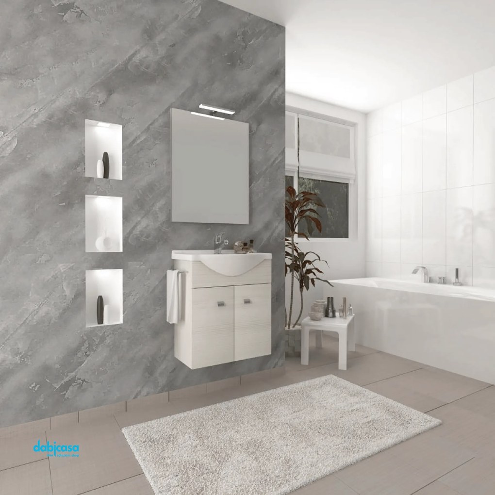 Mobile Bagno Sospeso "Zaffiro" Da 55 Cm Composto Da Due Ante Lavabo E Specchio Con Lampada Led Finitura Rovere Bianco