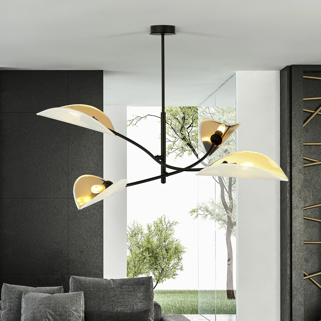 Sospensione Nordica 4 Luci Ares In Acciaio Nero Bianco E Oro Bracci Regolabili