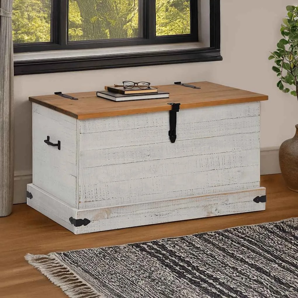 Cassapanca Halden Bianco 91x48x47 Cm İn Legno Massello Di Pino /