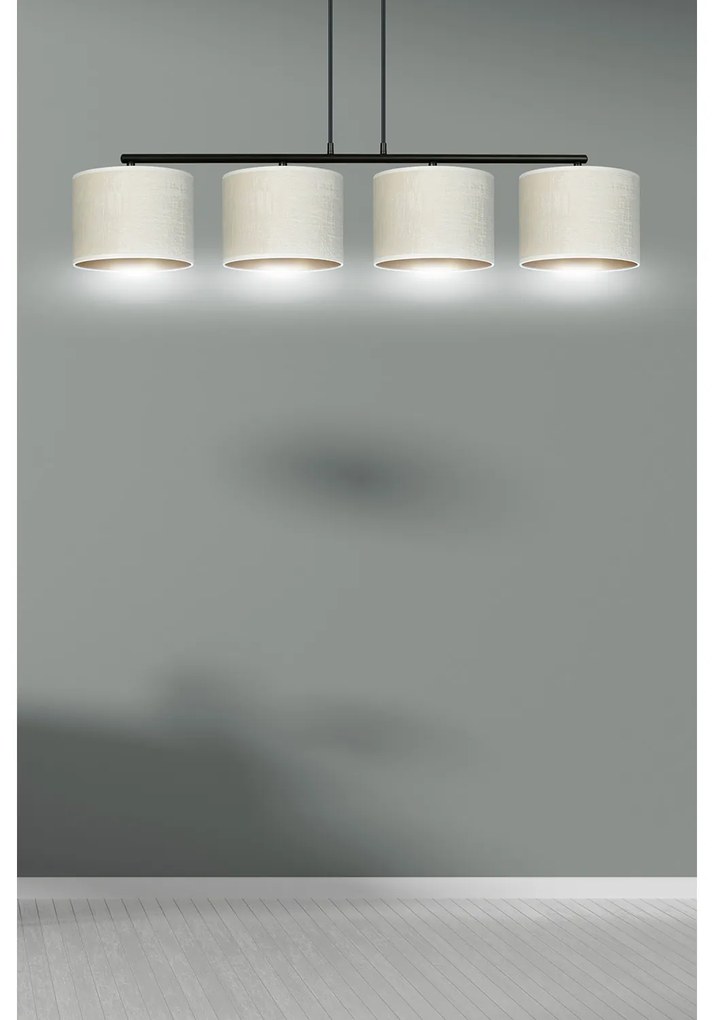 Lampadario 4 Luci Ganesha In Acciaio Nero E Paralumi In Tessuto Beige