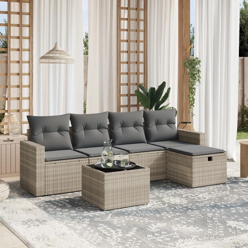 Set divano da giardino 6pz con cuscini grigio chiaro polyrattan