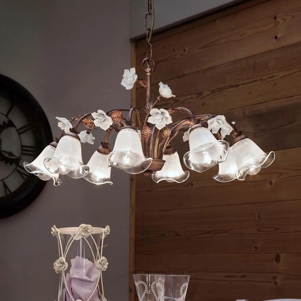 Lampadario Classico Siena Metallo E Ceramica Ruggine Decorato Lucido 8 Luce E14